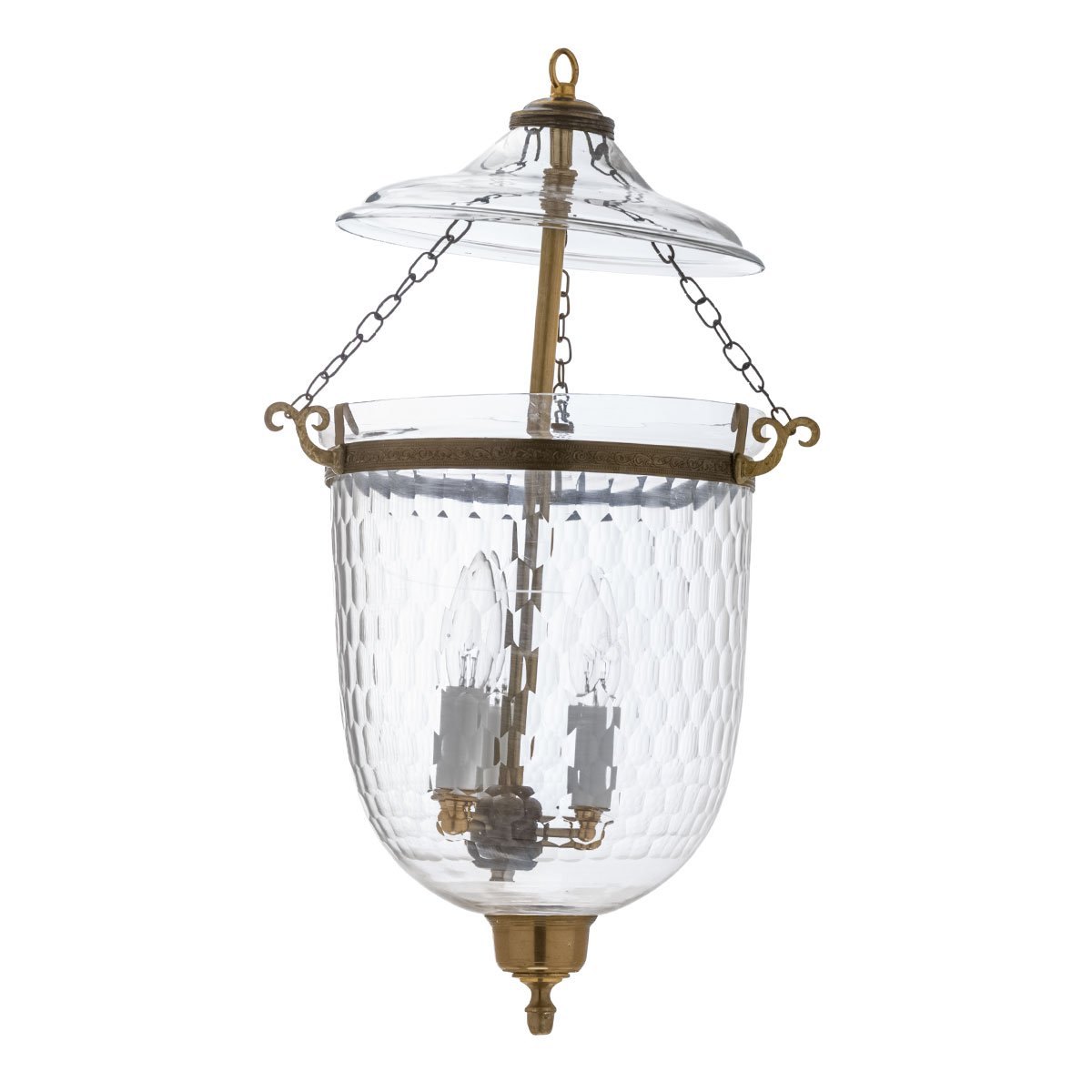 CDNY MED. THUMBPRINT LANTERN: Textured Glass Hanging Chandelier with Antique Brass Finish, 9″ DIA, H 21″ JAR 10.5″
