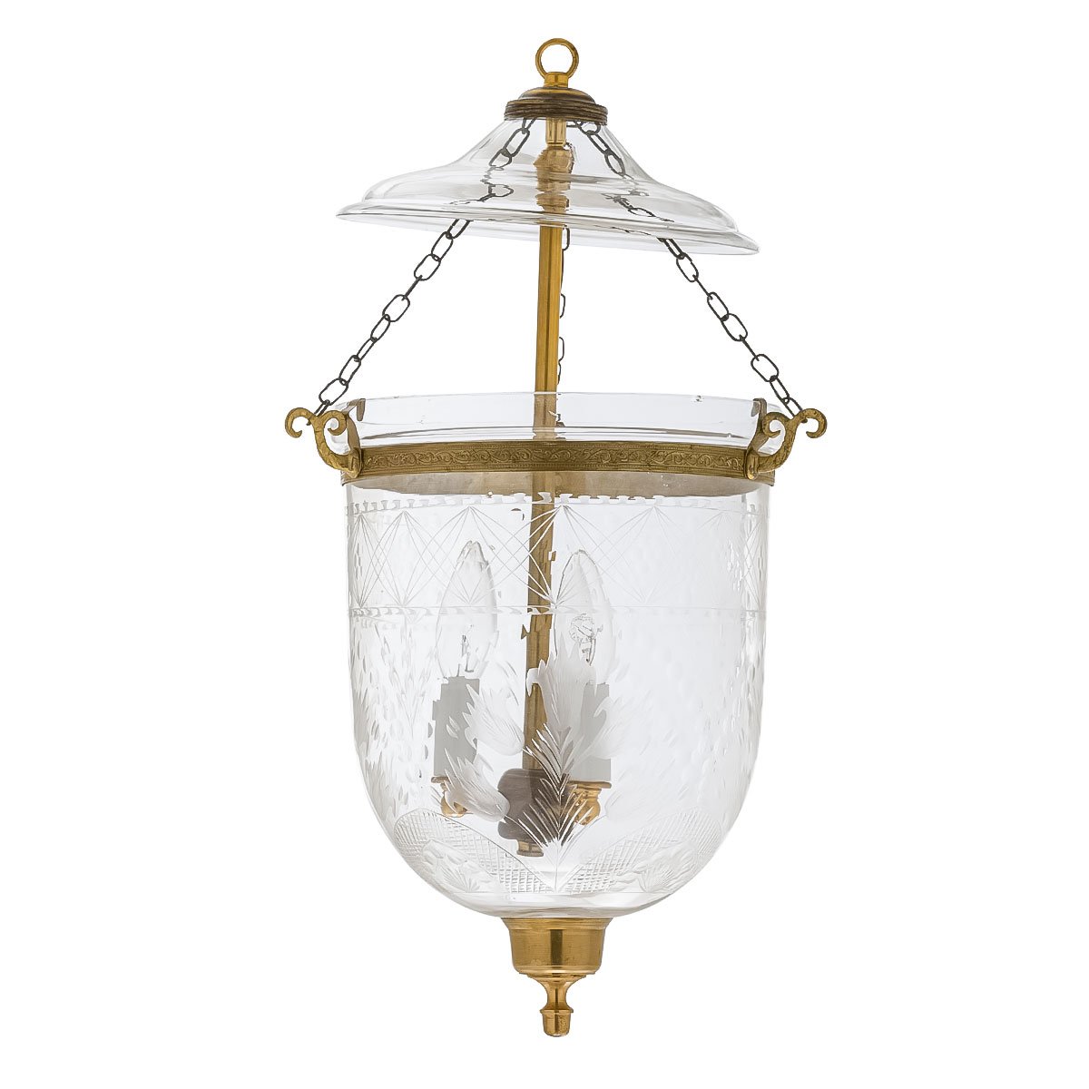 CDNY MEDIUM TULIP LANTERN: Elegant Etched Tulip Design Glass Hanging Chandelier with Antique Brass Finish, 9″ DIA, H 21″ JAR 10.5″