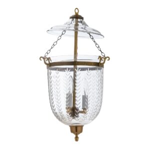CDNY MEDIUM VERTICAL LEAF LANTERN: Etched Leaf Pattern Glass Hanging Chandelier with Antique Brass Finish, 9" DIA, H 21" JAR 10.5"