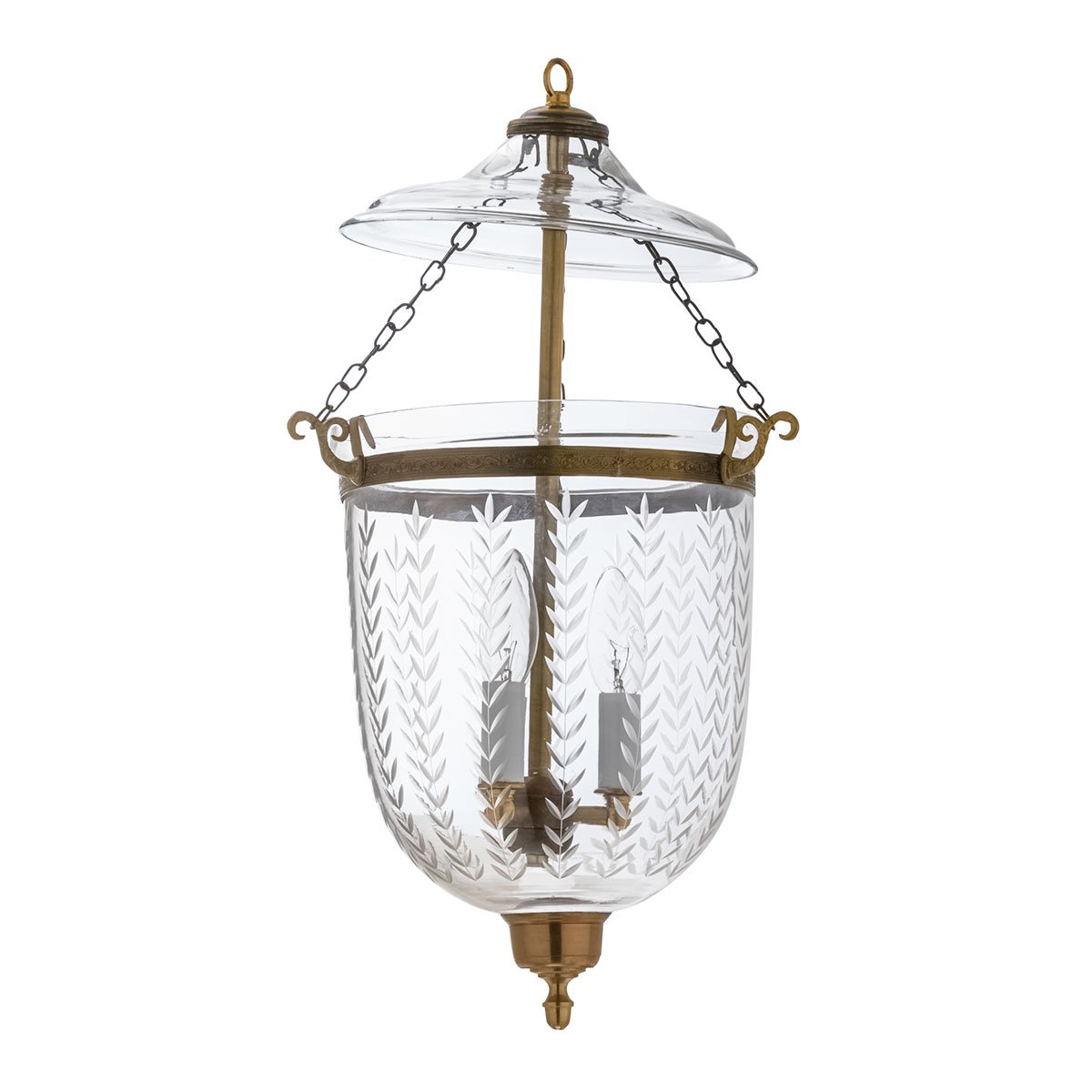CDNY MEDIUM VERTICAL LEAF LANTERN: Etched Leaf Pattern Glass Hanging Chandelier with Antique Brass Finish, 9″ DIA, H 21″ JAR 10.5″