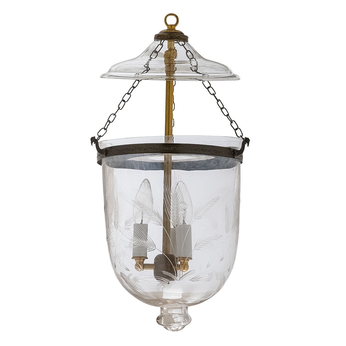 CDNY MEDIUM WHEAT CUT LANTERN: Elegant Etched Glass Hanging Chandelier with Antique Brass Finish, 9″ DIA, H 21″ JAR 10.5″