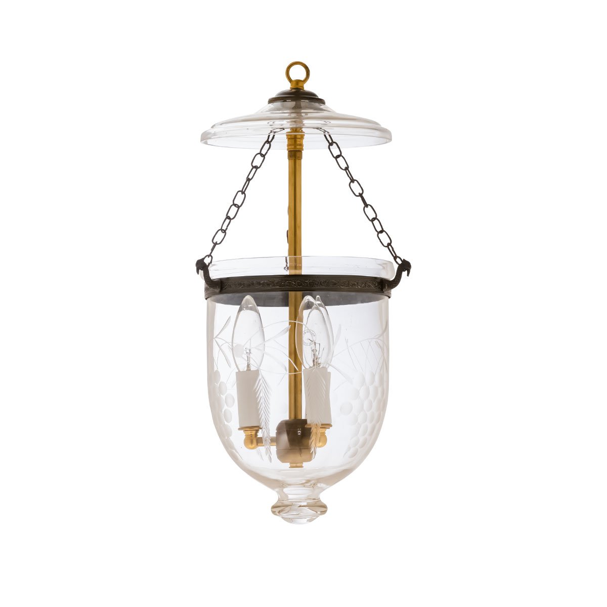 CDNY SM. GRAPES LANTERN: Etched Grapevine Glass Hanging Chandelier with Antique Brass Finish, 7″DIA, H19″, Jar 10.5″