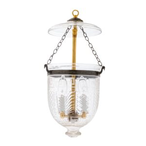 CDNY SM. GREEKEY W/DESIGN LANTERN: Etched Greek Key & Geometric Glass Hanging Chandelier with Antique Brass Finish,7"DIA, H19", Jar 10.5"