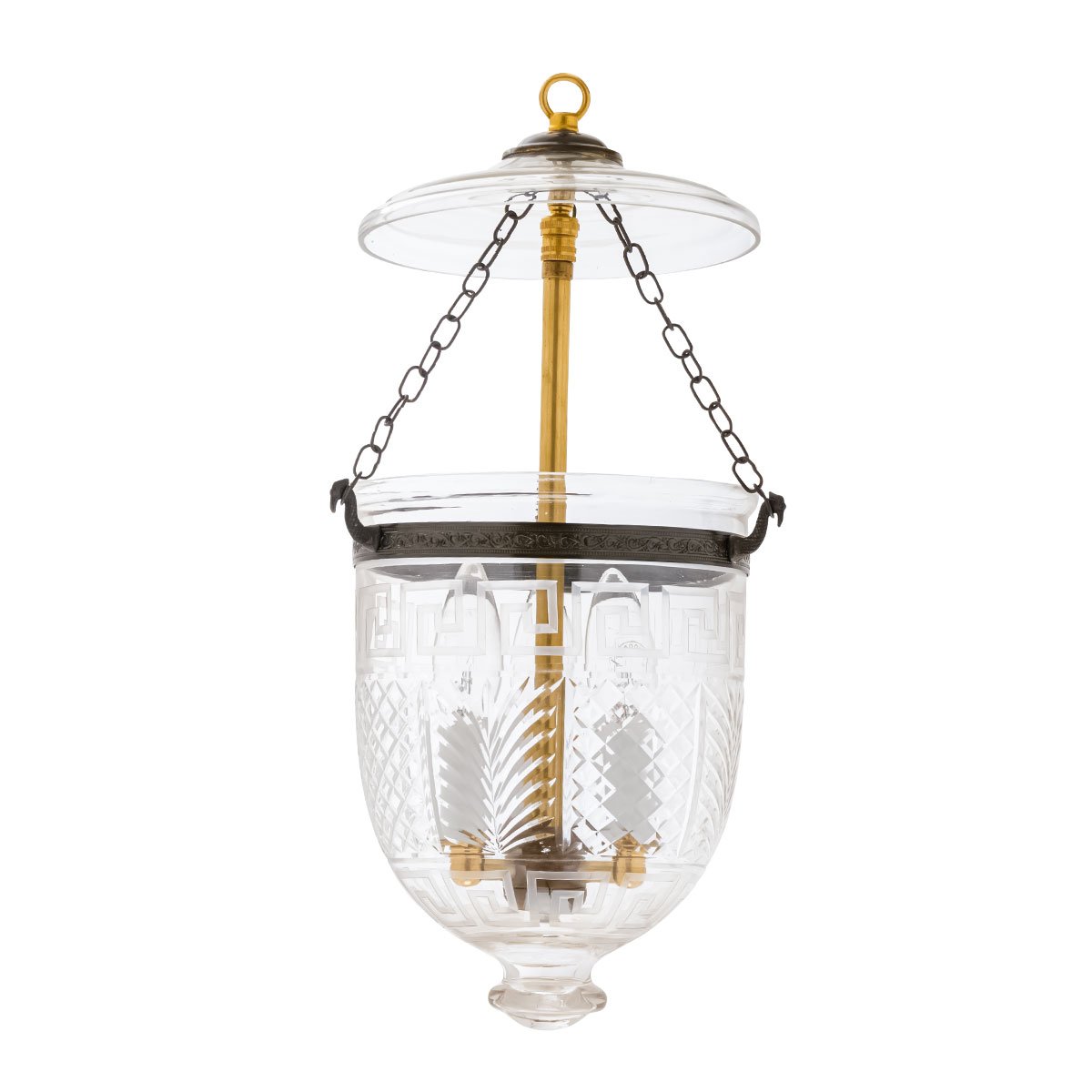 CDNY SM. GREEKEY W/DESIGN LANTERN: Etched Greek Key & Geometric Glass Hanging Chandelier with Antique Brass Finish,7″DIA, H19″, Jar 10.5″