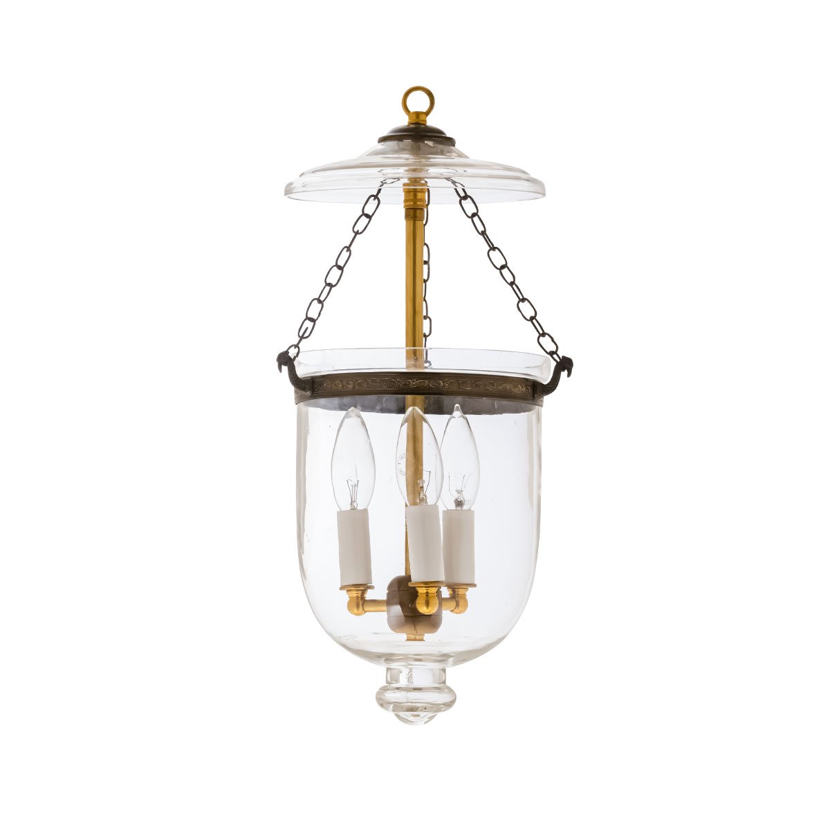 CDNY SM. PLAIN CLEAR LANTERN: Classic Smooth Glass Hanging Chandelier with Antique Brass Finish, 7″DIA, H19″, Jar 10.5″