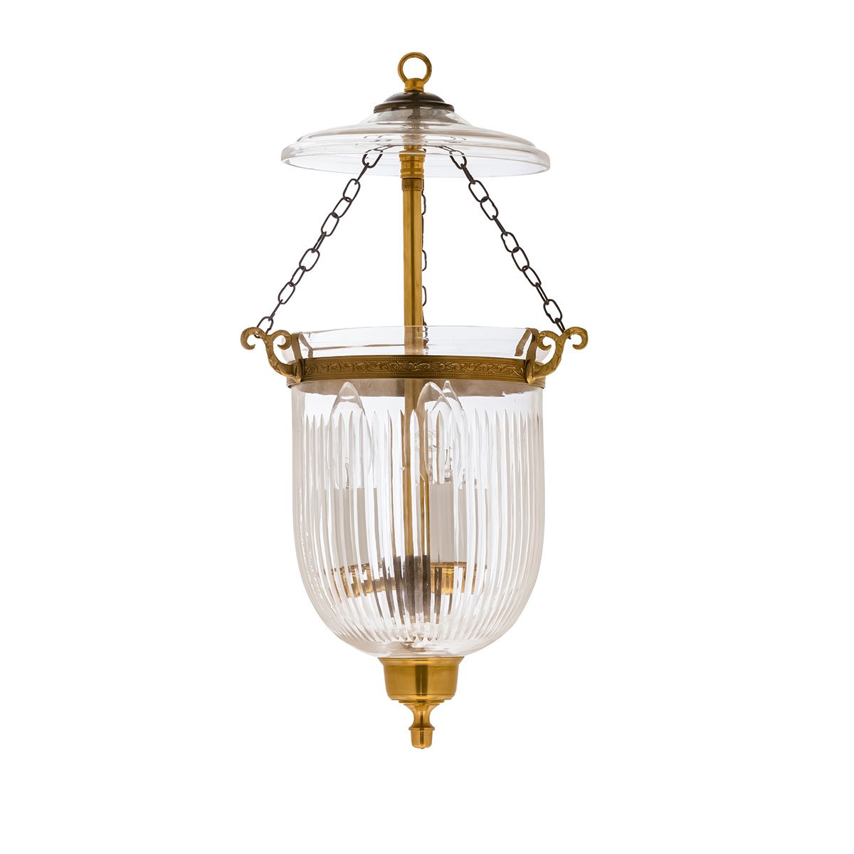 CDNY Small Prismatic Lantern: Elegant Fluted Glass Hanging Chandelier with Antique Brass Finish, 7″DIA, H19″, Jar 10.5″