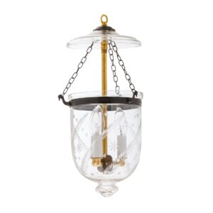 CDNY SM. STAR FEATHER LANTERN: Elegantly Etched Glass Hanging Chandelier with Antique Brass Finish, 7"DIA, H19", Jar 10.5"