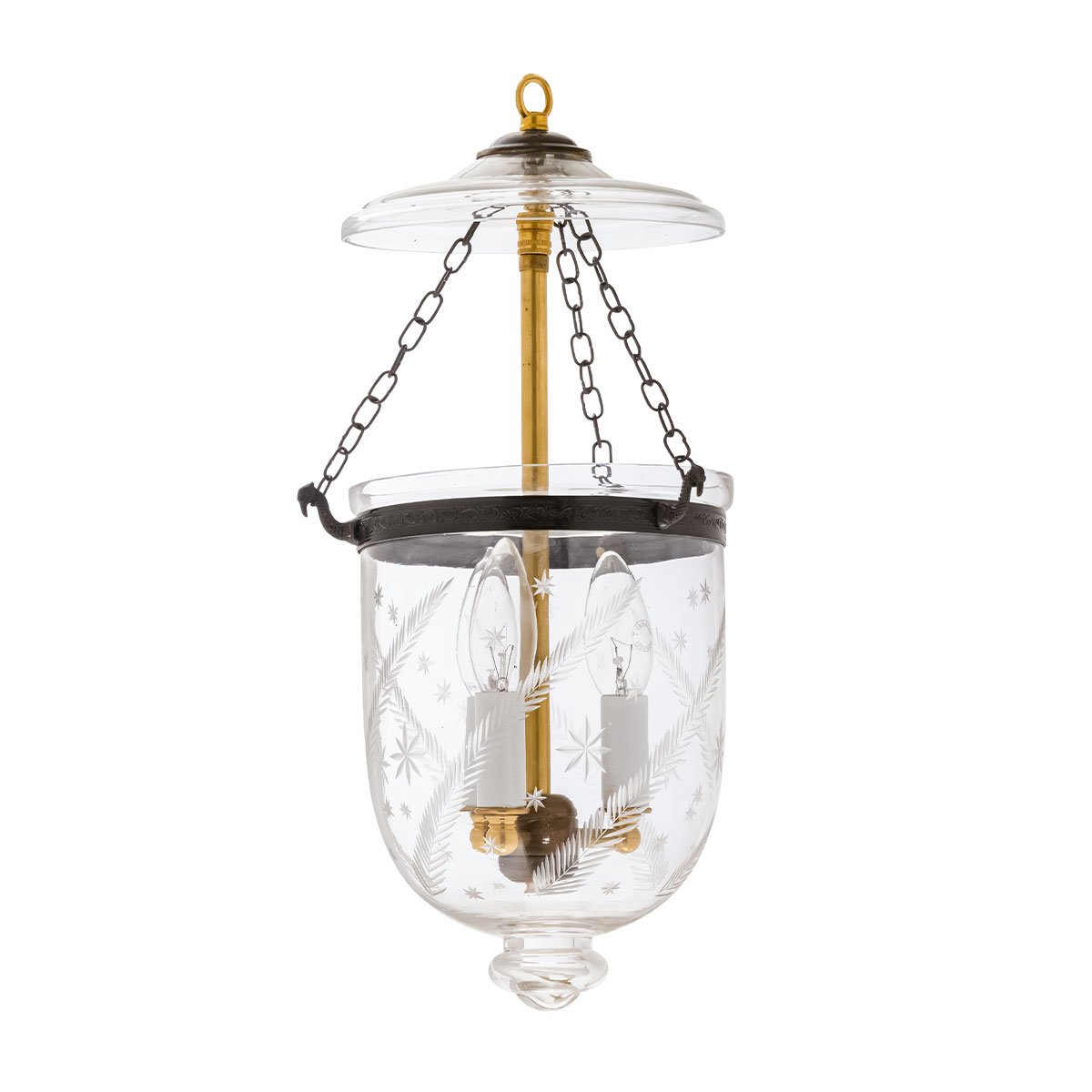 CDNY SM. STAR FEATHER LANTERN: Elegantly Etched Glass Hanging Chandelier with Antique Brass Finish, 7″DIA, H19″, Jar 10.5″