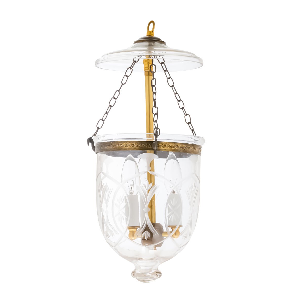 CDNY SM. STAR FLOWER LANTERN: Etched Star & Floral Glass Hanging Chandelier with Antique Brass Finish, 7″DIA, H19″, Jar 10.5″