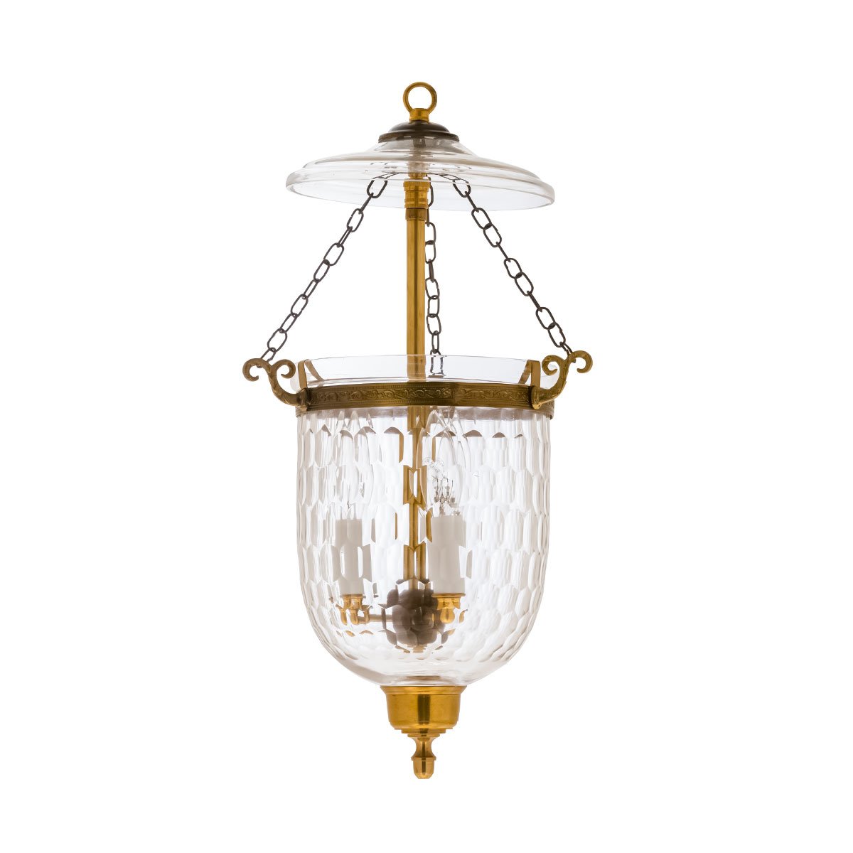 CDNY SM. THUMBPRINT LANTERN: Textured Glass Hanging Chandelier with Antique Brass Finish, 7″DIA, H19″, Jar 10.5″