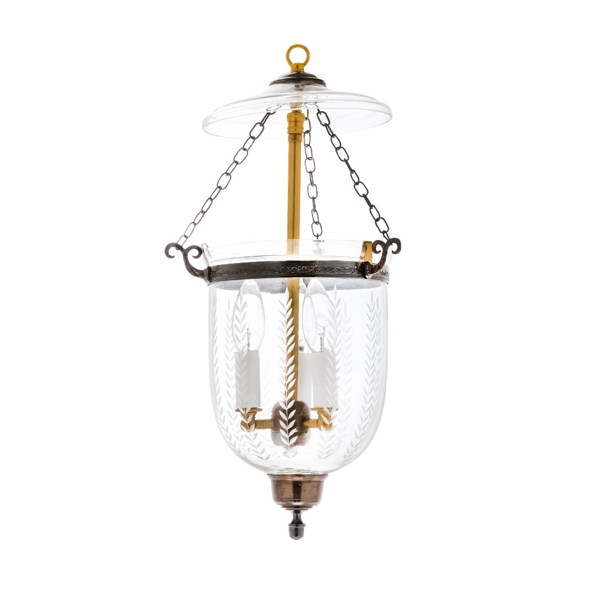 CDNY SM. VERTICAL LEAF LANTERN: Etched Leaf Pattern Glass Hanging Chandelier with Antique Brass Finish, 7″DIA, H19″, Jar 10.5″