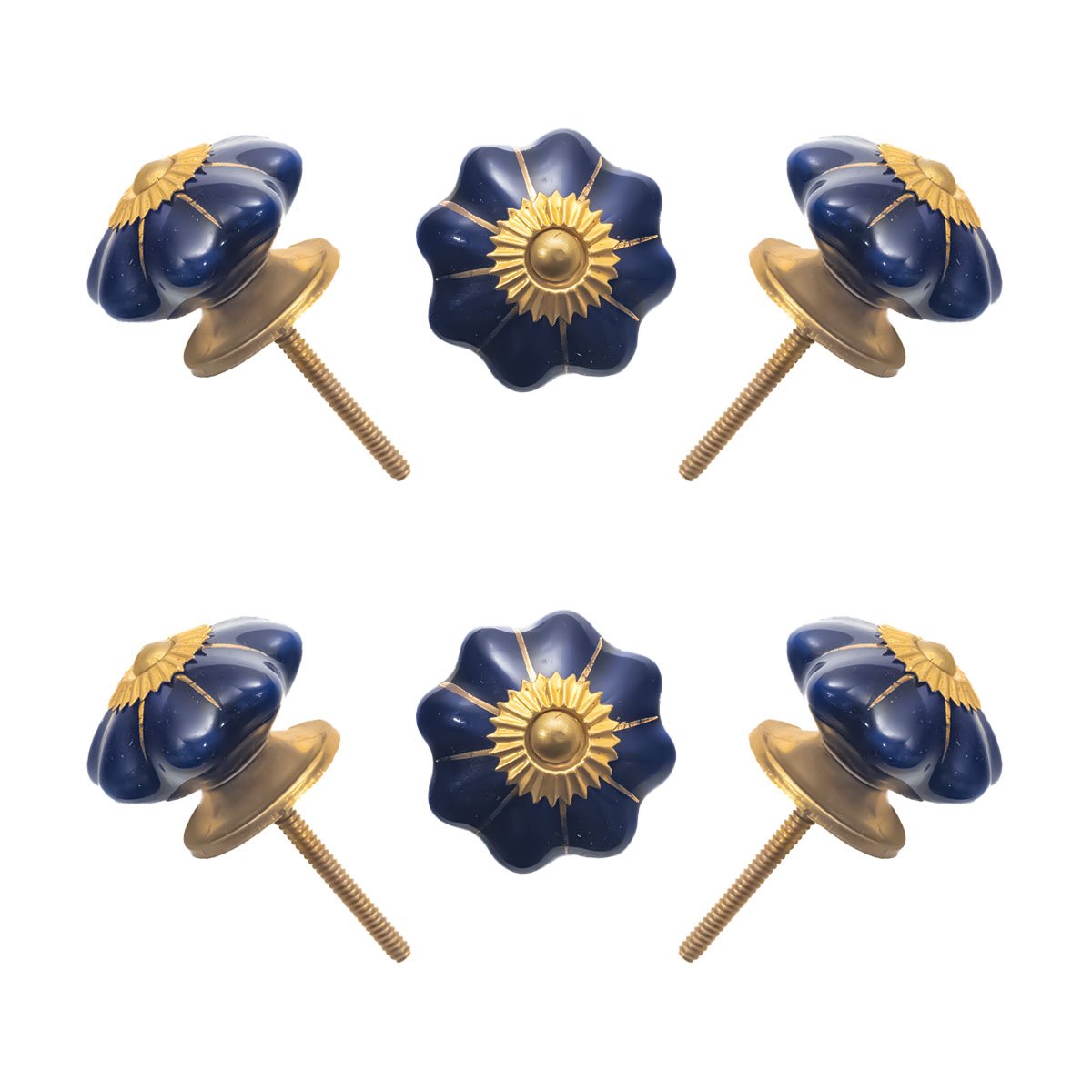 Dazzling Deep Blue Ceramic Multi-Lobed Knobs with Antique Brass Accents (Set of 6) – 1.75 Inch – CDNY