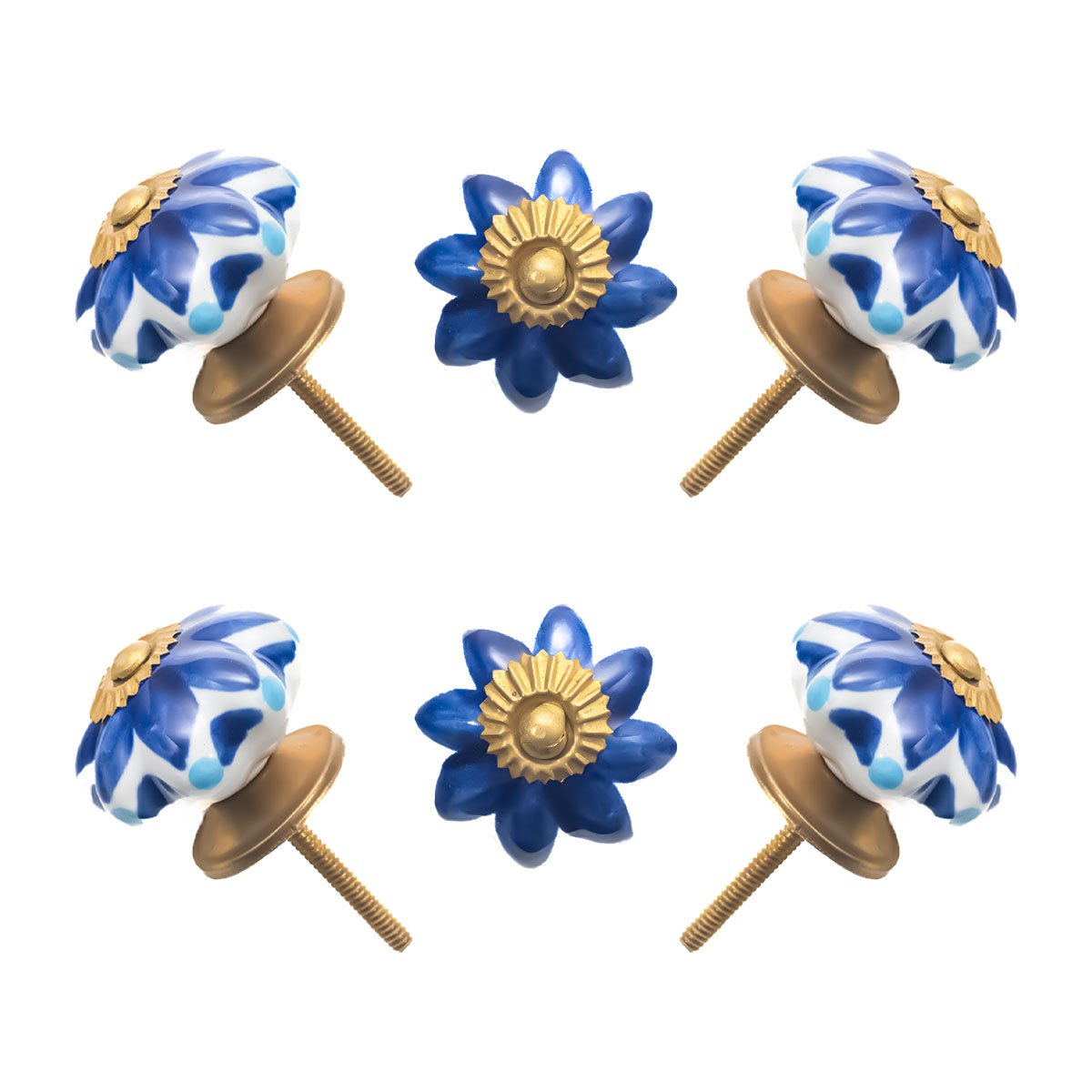 Elegant Blue & white Multi-Lobed Ceramic melon Knobs with Gold Accents (Set of 6) – 1.75 Inch – CDNY