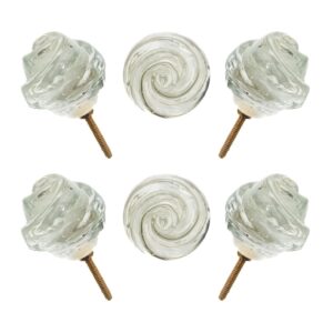Elegant Clear Glass Rose Swirl Knobs with Antique Brass Base (Set of 6) - 2 Inch - CDNY