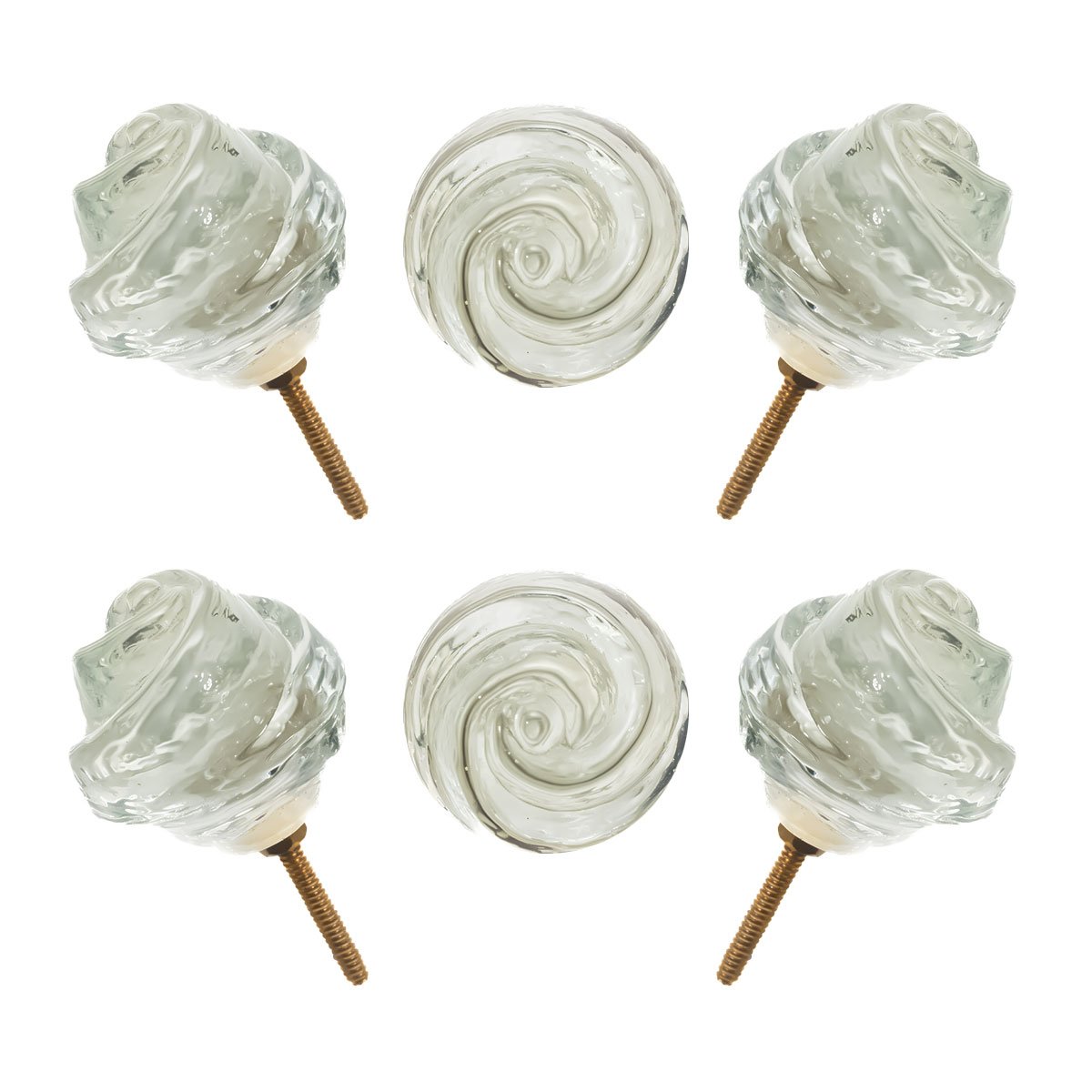 Elegant Clear Glass Rose Swirl Knobs with Antique Brass Base (Set of 6) – 2 Inch – CDNY