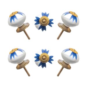 Hand-Painted Blue & White Floral Ceramic Knobs with Gold Accents (Set of 6) - 1.5 Inch - CDNY