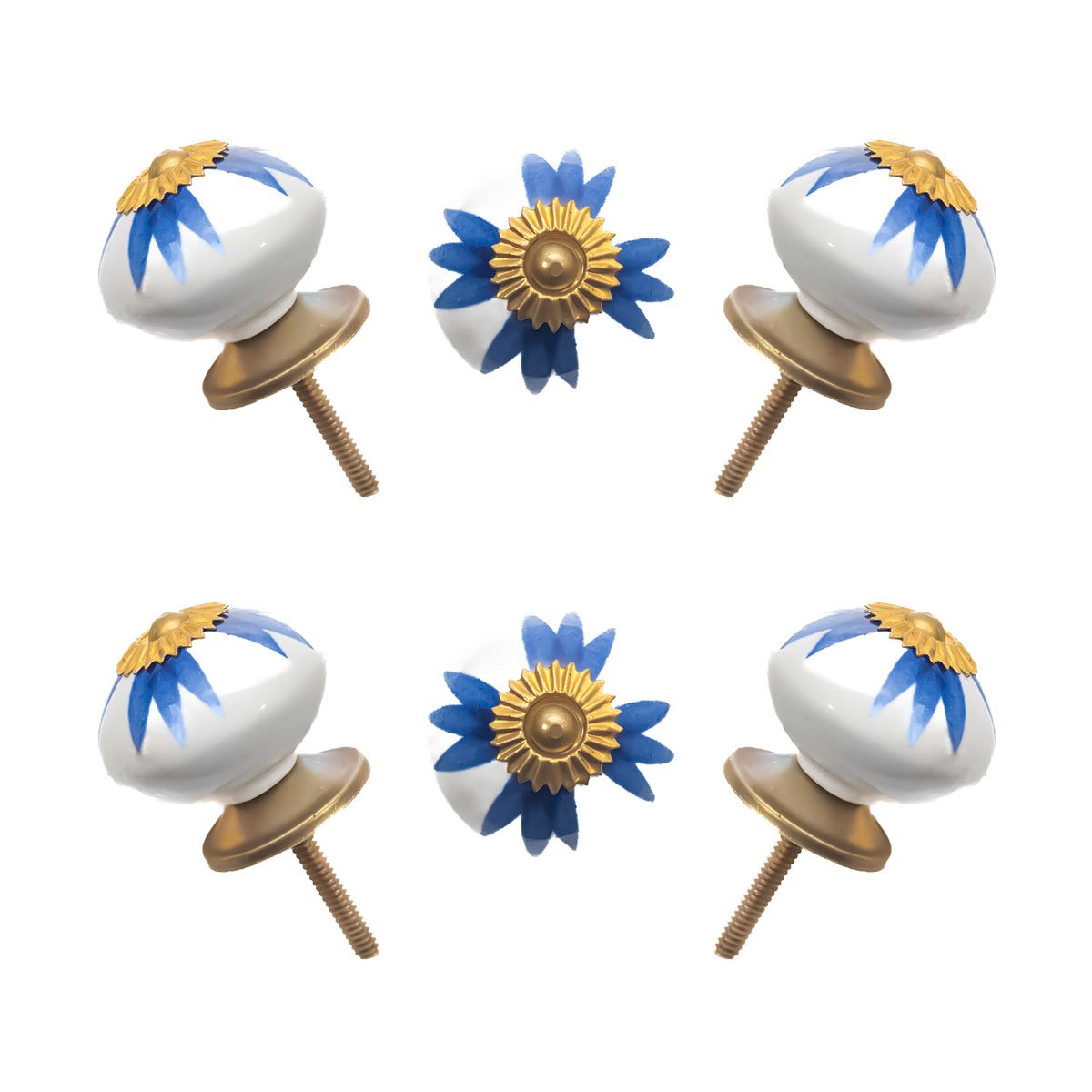 Hand-Painted Blue & White Floral Ceramic Knobs with Gold Accents (Set of 6) – 1.5 Inch – CDNY