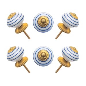 Nautical Blue & White Striped Ceramic Knobs with Gold Starburst (Set of 6) - 1.5 Inch - CDNY