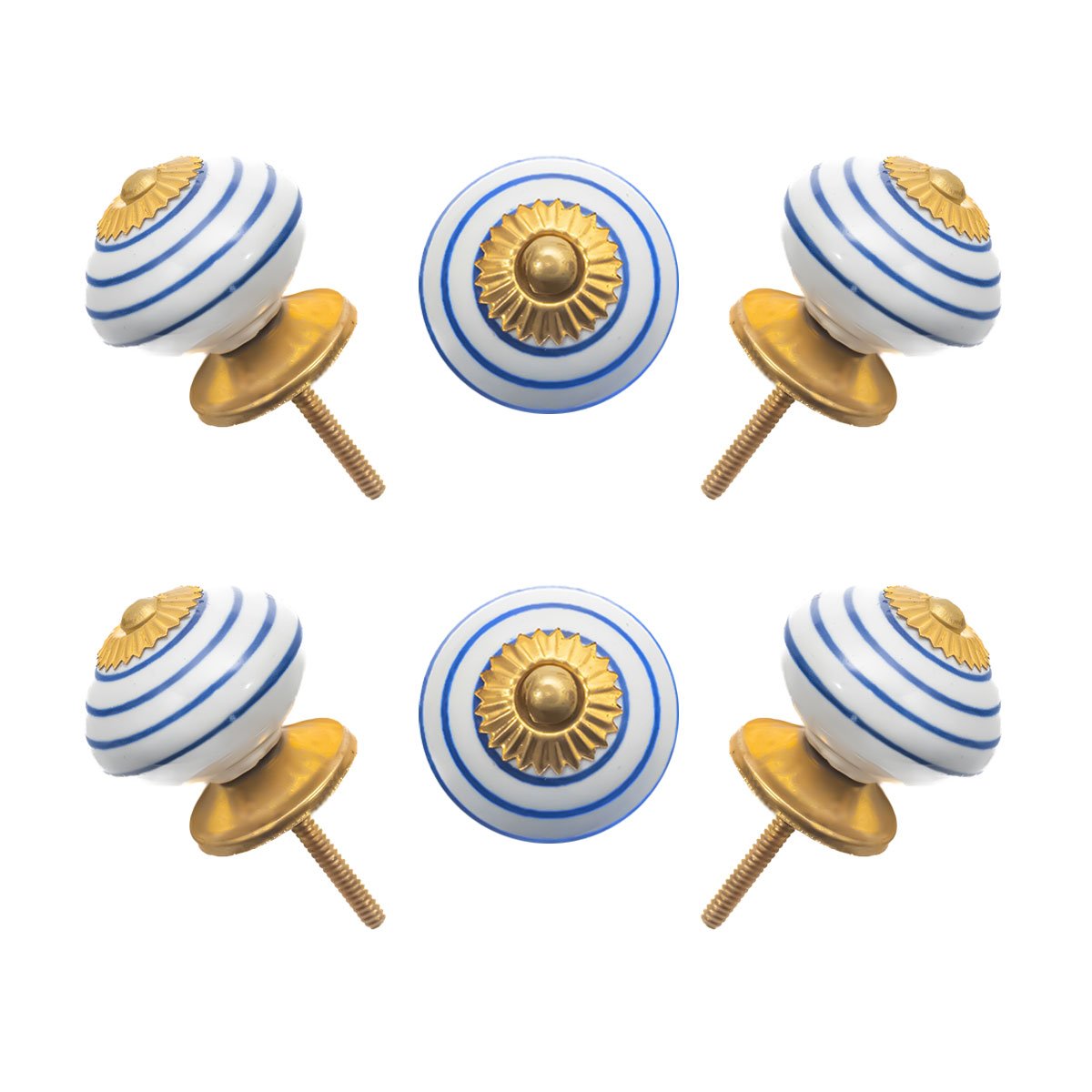 Nautical Blue & White Striped Ceramic Knobs with Gold Starburst (Set of 6) – 1.5 Inch – CDNY