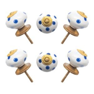 Playful Blue Polka Dot Ceramic Knobs with Gold Starburst (Set of 6) - 1.5 Inch - CDNY