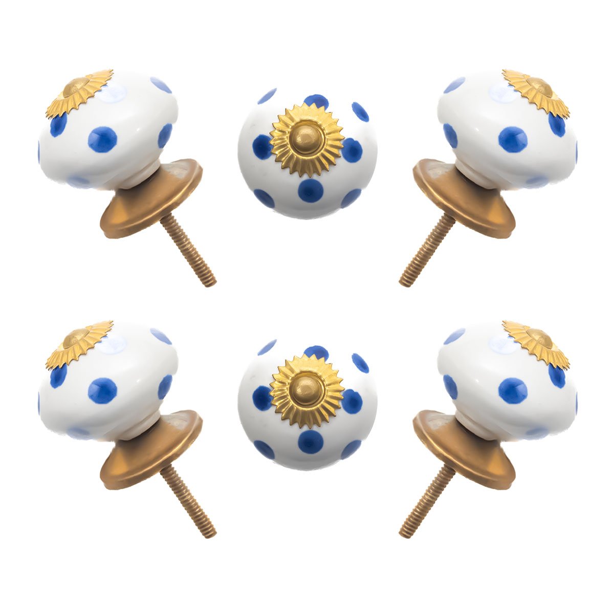 Playful Blue Polka Dot Ceramic Knobs with Gold Starburst (Set of 6) – 1.5 Inch – CDNY