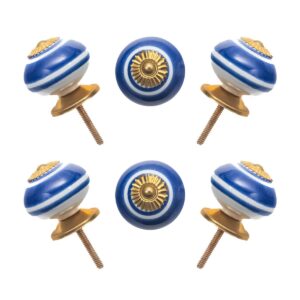 Striking Blue & White Line Striped Ceramic Knobs with Gold Starburst (Set of 6) - 1.5 Inch - CDNY
