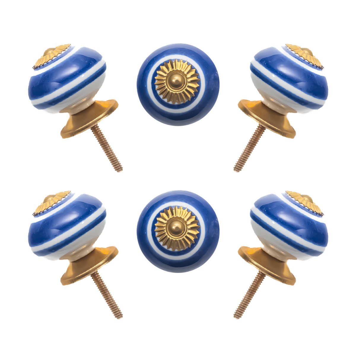 Striking Blue & White Line Striped Ceramic Knobs with Gold Starburst (Set of 6) – 1.5 Inch – CDNY